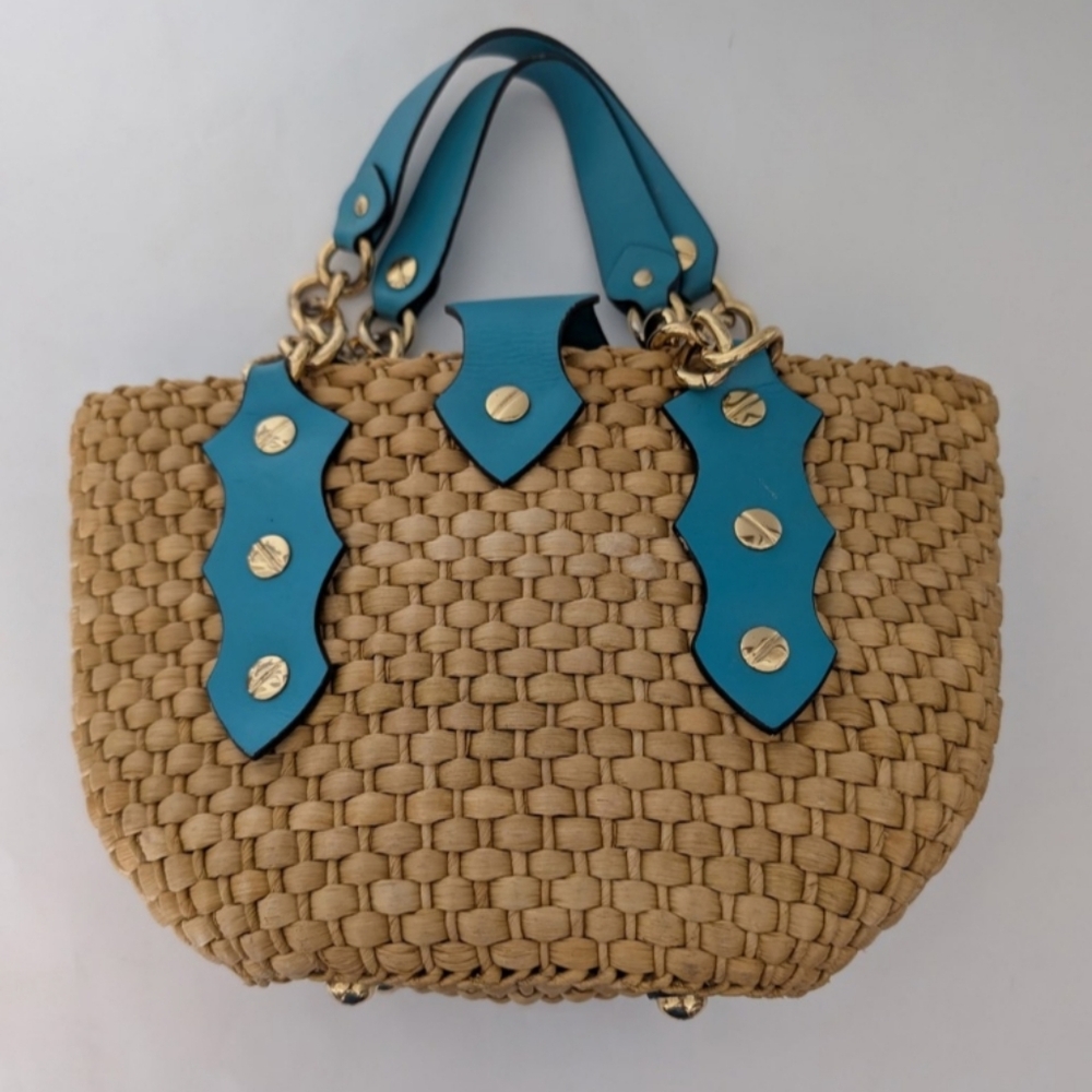 Michael Kors Santorini Straw Handbag Double Teal Leather Gold Chain Straps Rare - Picture 2 of 9